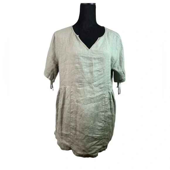 Sigrid Olsen Green Short Sleeve V-Neck Tunic Blouse Linen Lagenlook Size S - Picture 2 of 12